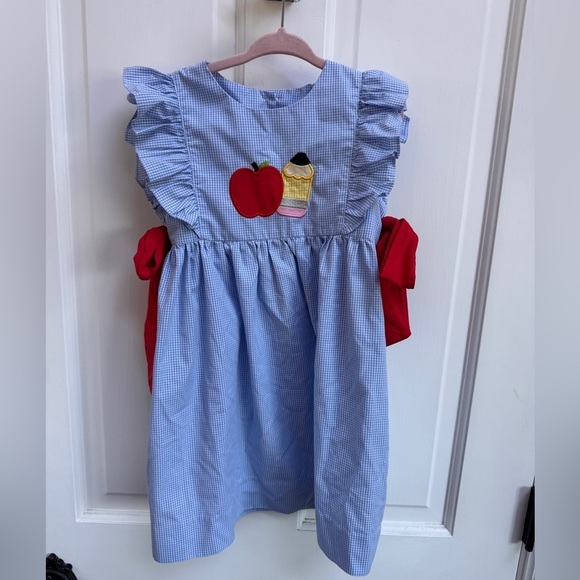 Stitchy Fish Other - NWOT Stitchy Fish 4T Girls Blue Gingham Back to School Apple Short Sleeve Dress